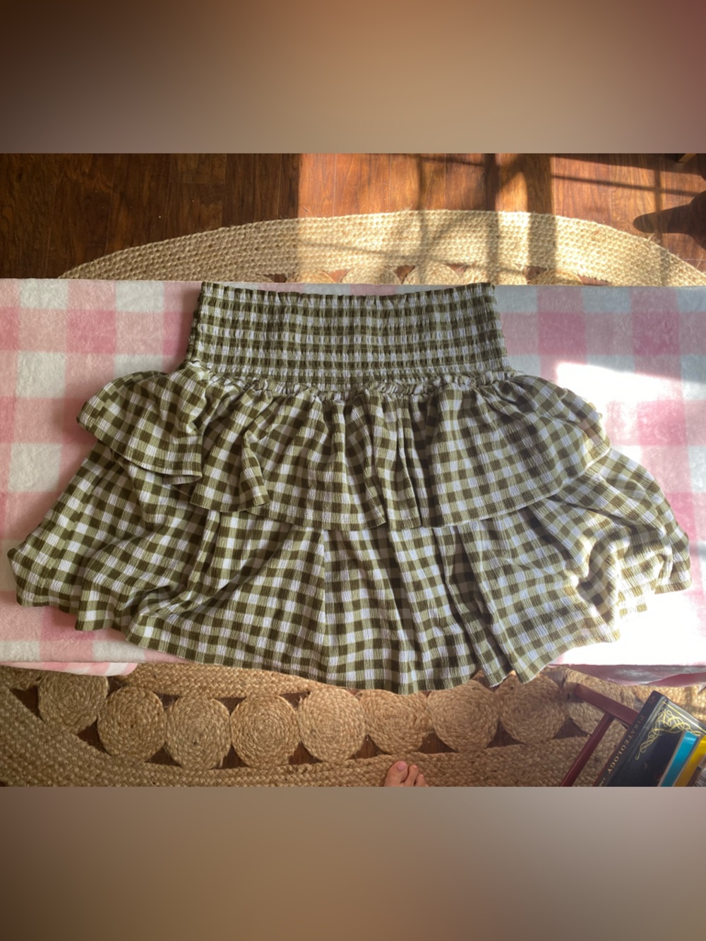 Cato green gingham ruffle tiered mini skirt